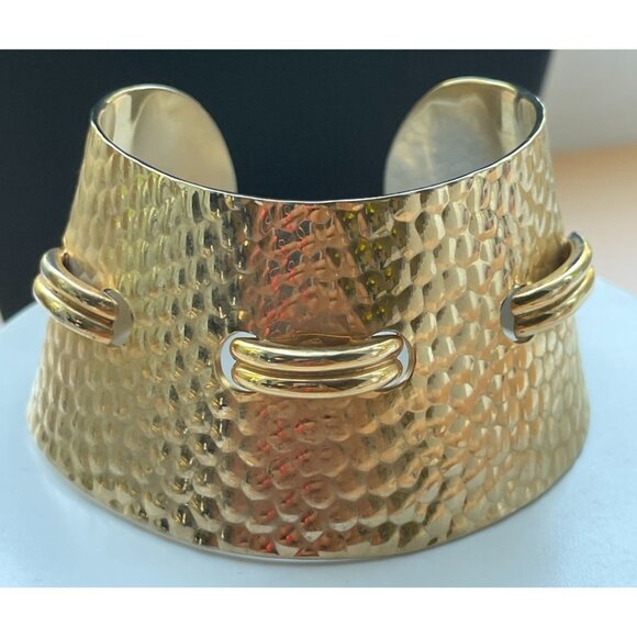 Hammered Gold Plated Ornate Design Cuff Vintage Thick Concave Bracelet Runway 80 - Picture 1 of 14
